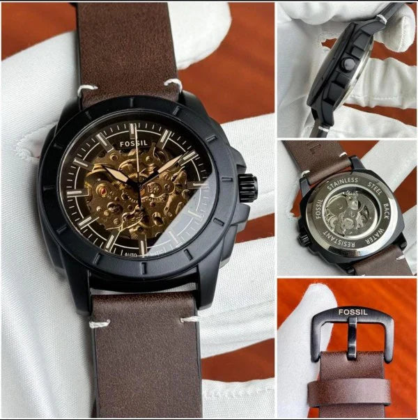 FOSSIL BRONSON [AUTOMATIC] GOLDEN BLACK CHOCOLATY LEATHER WATCH