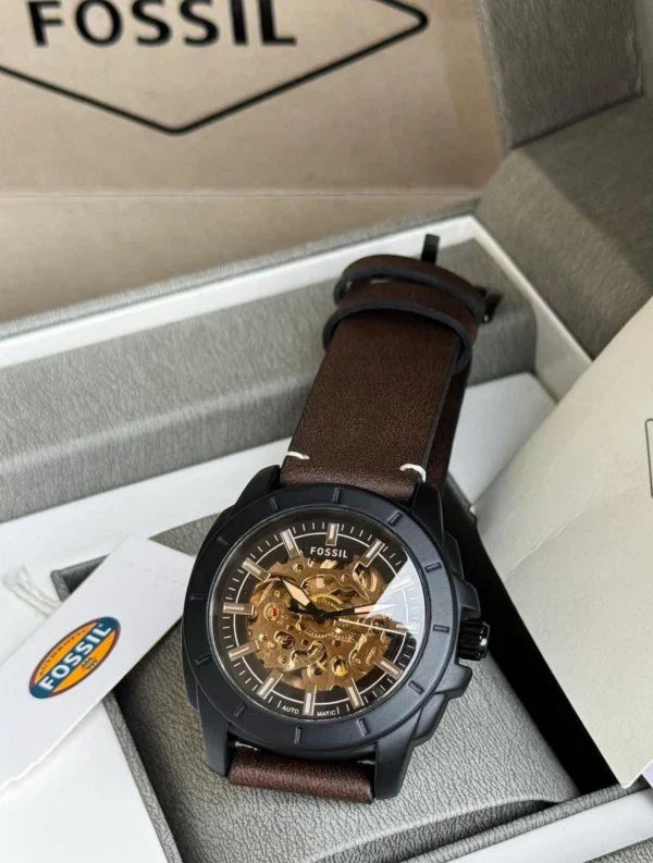 FOSSIL BRONSON [AUTOMATIC] GOLDEN BLACK CHOCOLATY LEATHER WATCH